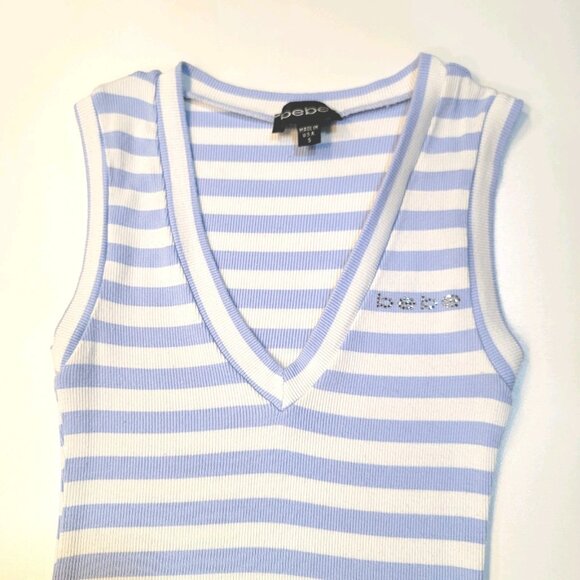 Y2K Bebe Rhinestone Tank Top Sz S Blue White Striped Stretch Knit - Picture 3 of 8